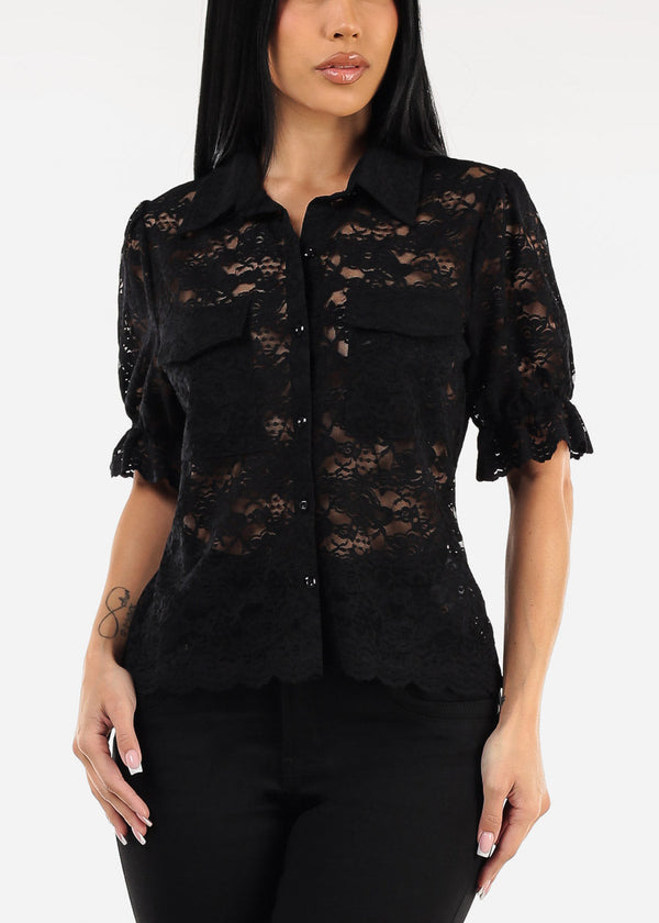 Lace Short Sleeve Button Up Collared Blouse Black