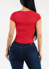 Short Sleeve Boat Neckline Stretch Top Red
