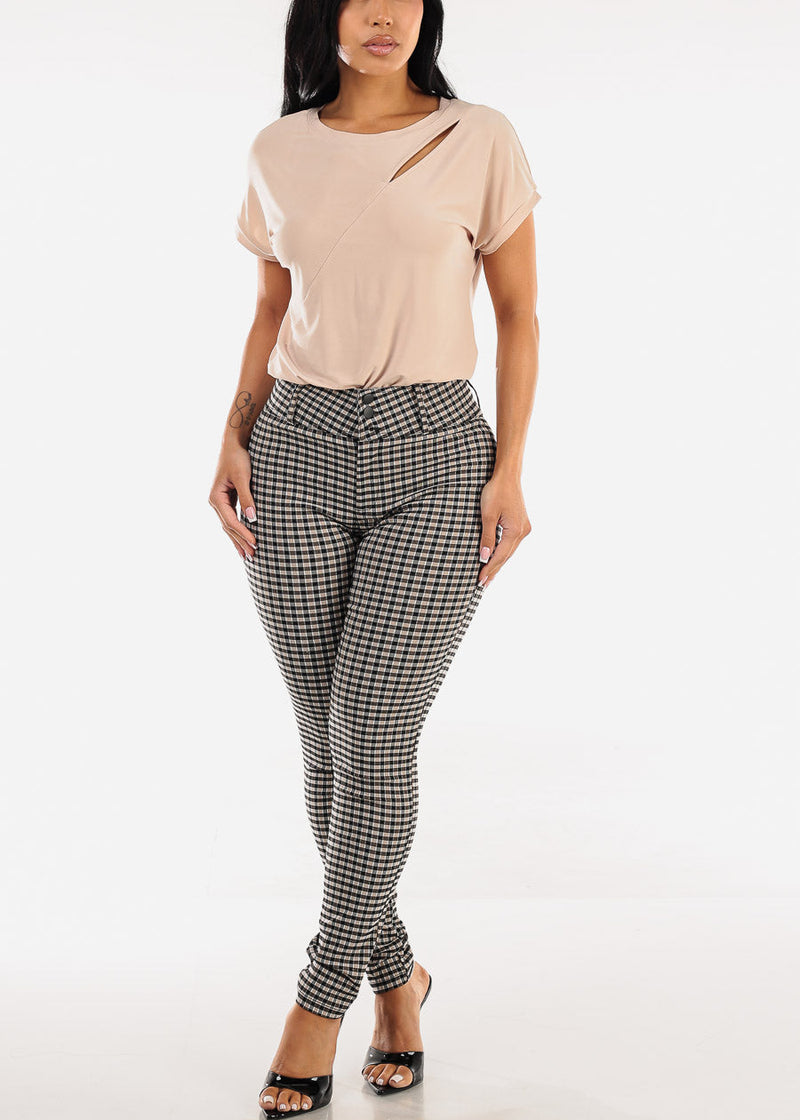 Short Sleeve Round Neck Stretchy Blouse Beige