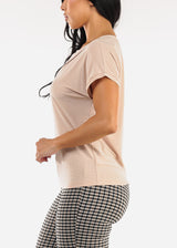 Short Sleeve Round Neck Stretchy Blouse Beige