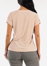 Short Sleeve Round Neck Stretchy Blouse Beige