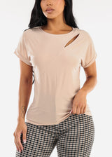 Short Sleeve Round Neck Stretchy Blouse Beige