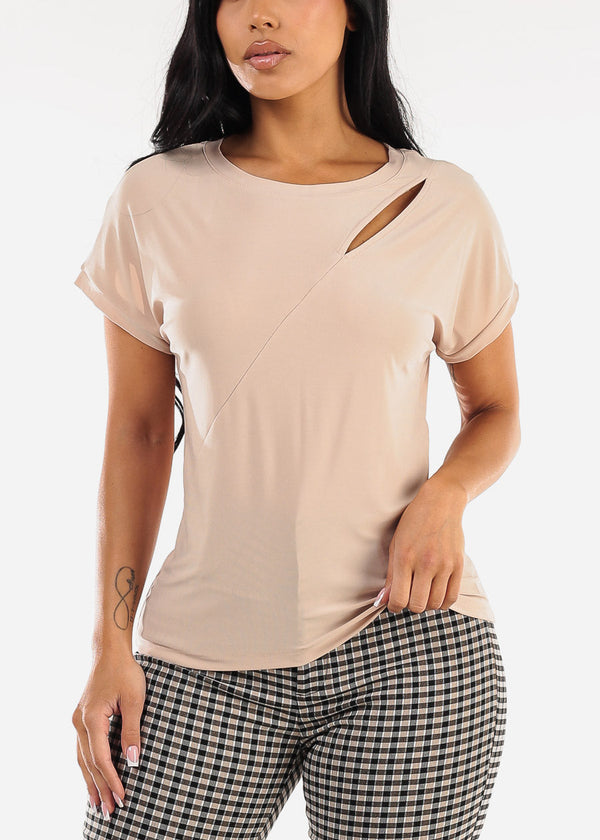 Short Sleeve Round Neck Stretchy Blouse Beige