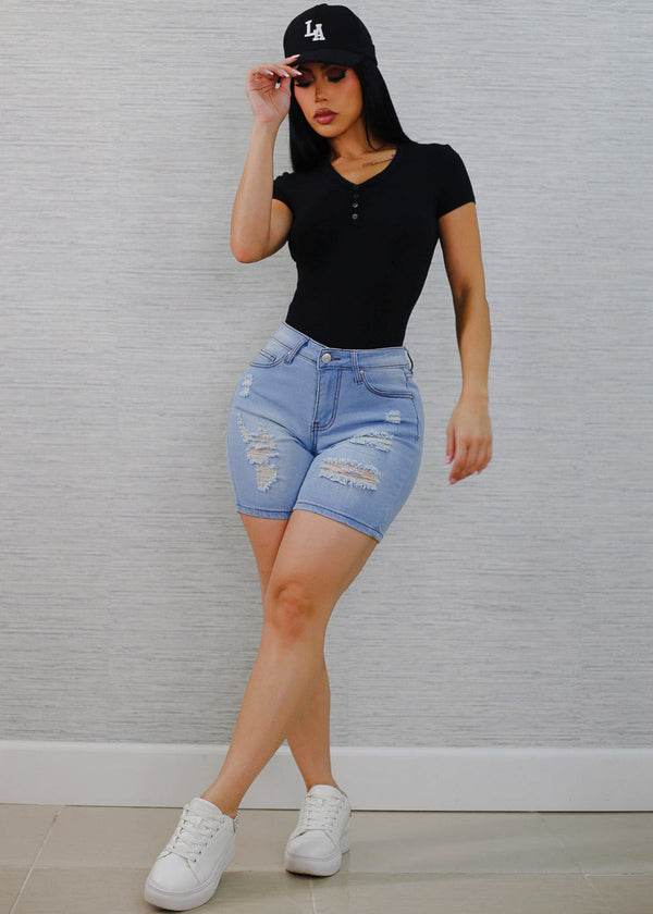 Stretchy Short Sleeve Ribbed Top Black
