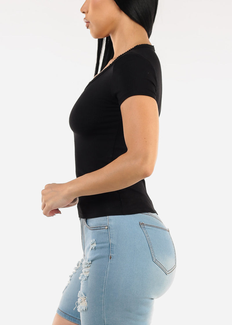 Stretchy Short Sleeve Ribbed Top Black