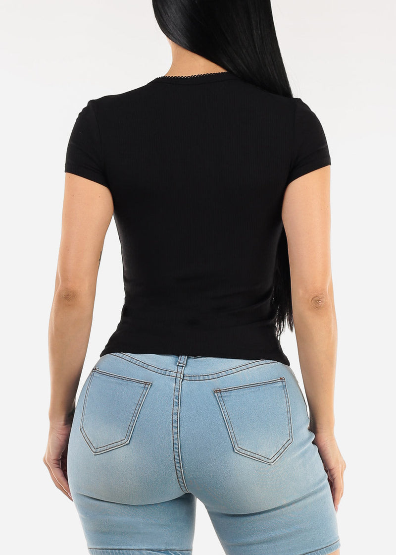 Stretchy Short Sleeve Ribbed Top Black