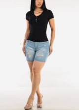 Stretchy Short Sleeve Ribbed Top Black