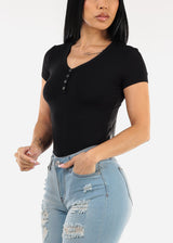 Stretchy Short Sleeve Ribbed Top Black