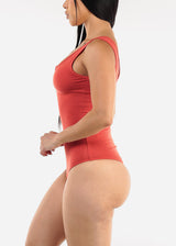 Sleeveless Vneck Ribbed Thong Bodysuit Salmon