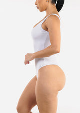 White Wide Square Neck Ribbed Thong Bodysuit