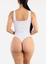 White Wide Square Neck Ribbed Thong Bodysuit