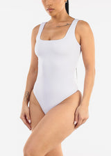 White Wide Square Neck Ribbed Thong Bodysuit