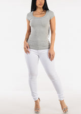 Short Sleeve Round Neck Stretch Ribbed Top Grey