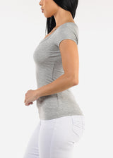 Short Sleeve Round Neck Stretch Ribbed Top Grey