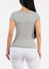 Short Sleeve Round Neck Stretch Ribbed Top Grey