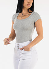 Short Sleeve Round Neck Stretch Ribbed Top Grey