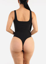Black Wide Square Neck Ribbed Thong Bodysuit