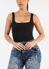 Black Wide Square Neck Ribbed Thong Bodysuit