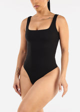 Black Wide Square Neck Ribbed Thong Bodysuit