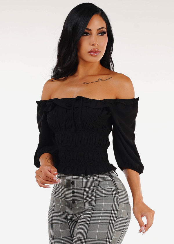 Off Shoulder Smocked Top Black