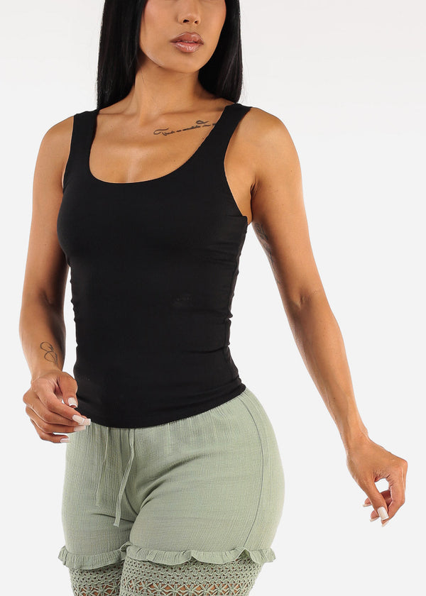 Sleeveless Scoop Neck Ribbed Tank Top Black