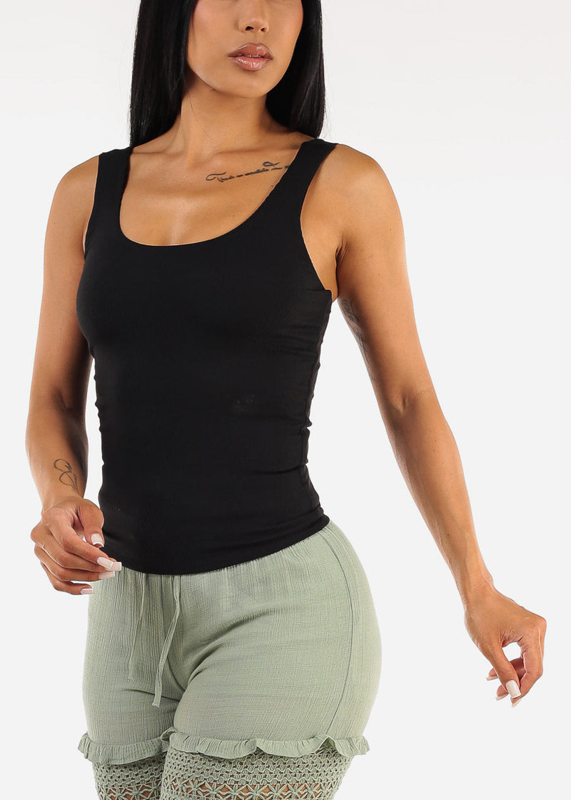 Sleeveless Scoop Neck Ribbed Tank Top Black