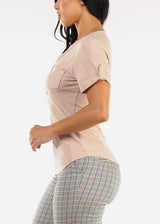 Short Sleeve Half Button Up Blouse Beige