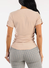 Short Sleeve Half Button Up Blouse Beige