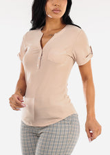Short Sleeve Half Button Up Blouse Beige