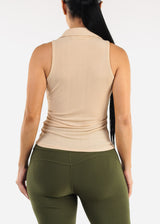 Stretchy Ruched Sleeveless Collared Blouse Beige