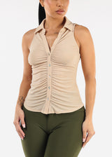 Stretchy Ruched Sleeveless Collared Blouse Beige