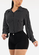 Black Long Sleeve Button Up Stripe Collared Blouse
