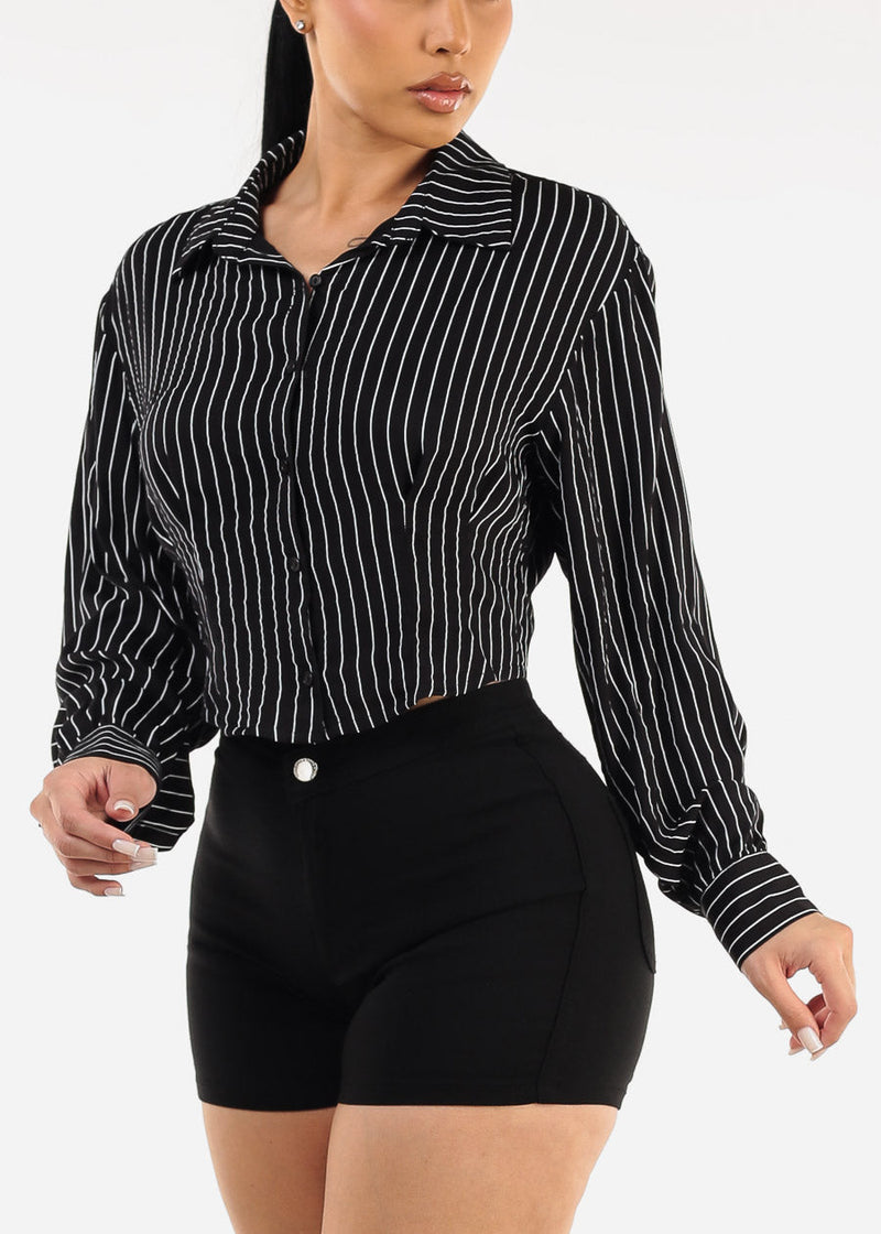Black Long Sleeve Button Up Stripe Collared Blouse