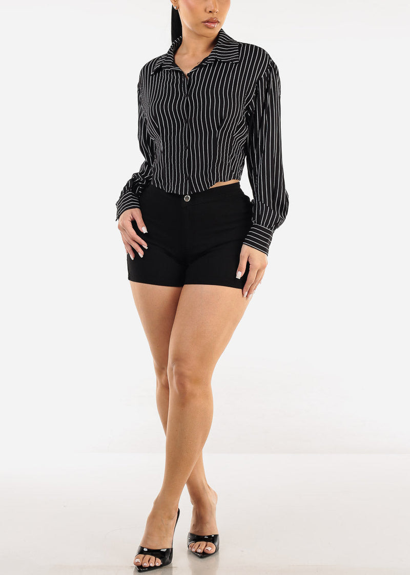 Black Long Sleeve Button Up Stripe Collared Blouse