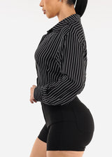 Black Long Sleeve Button Up Stripe Collared Blouse