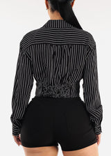 Black Long Sleeve Button Up Stripe Collared Blouse