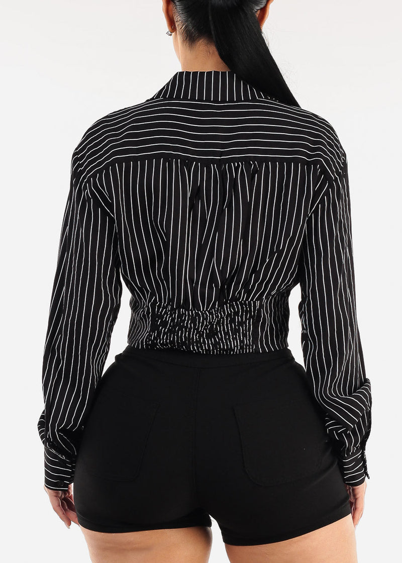 Black Long Sleeve Button Up Stripe Collared Blouse