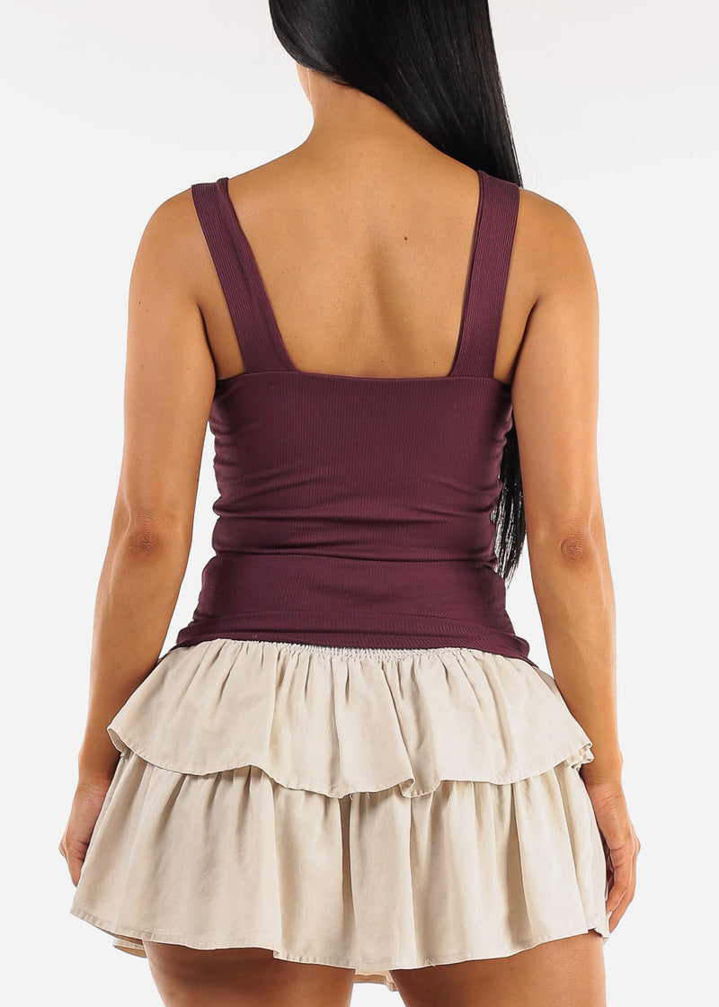 Sleeveless Scoop Neck Ribbed Tank Top Plum