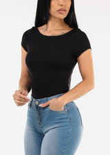 Short Sleeve Boat Neckline Stretch Top Black