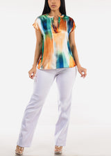 Satin Vneck Abstract Print Blouse Navy & Orange