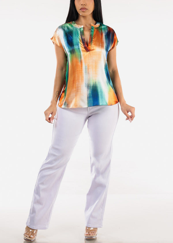 Satin Vneck Abstract Print Blouse Navy & Orange