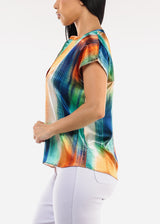 Satin Vneck Abstract Print Blouse Navy & Orange
