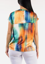 Satin Vneck Abstract Print Blouse Navy & Orange