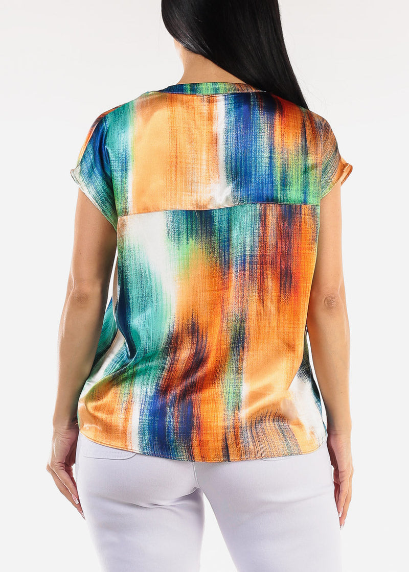 Satin Vneck Abstract Print Blouse Navy & Orange