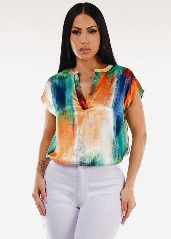 Satin Vneck Abstract Print Blouse Navy & Orange