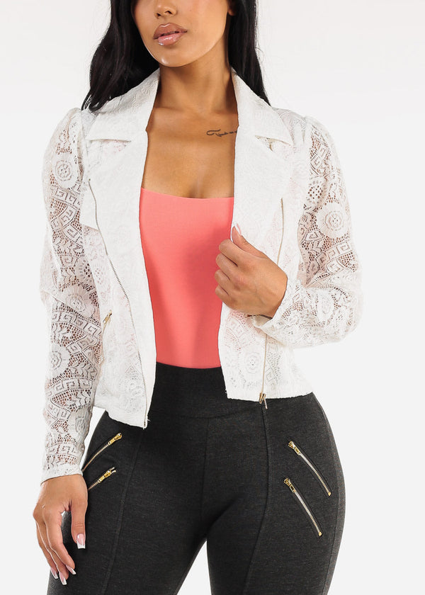 Long Sleeve Zip Up Lace Jacket White