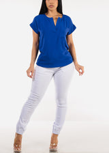 Casual Short Sleeve Vneck Blouse Royal Blue