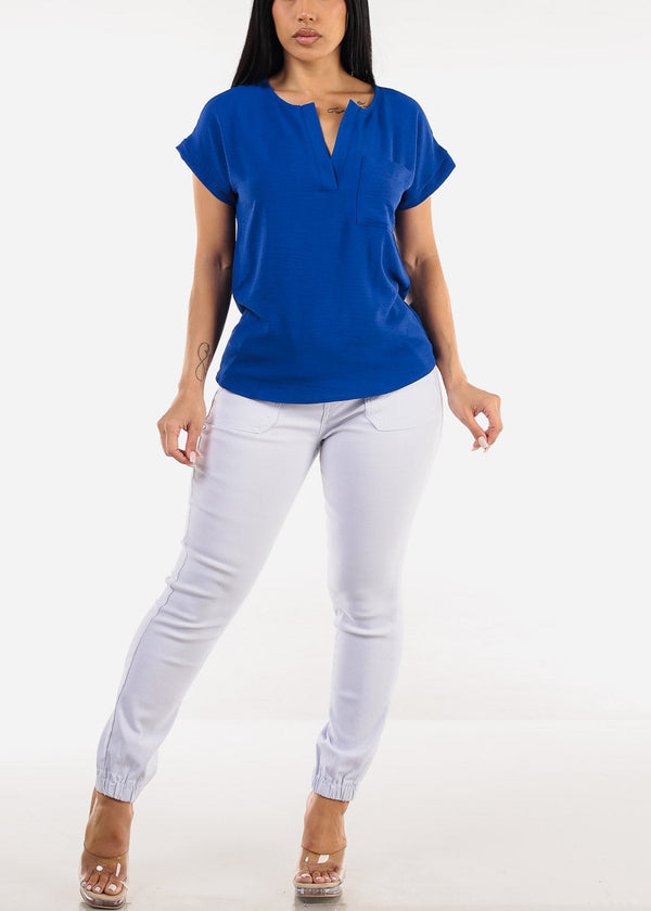 Casual Short Sleeve Vneck Blouse Royal Blue