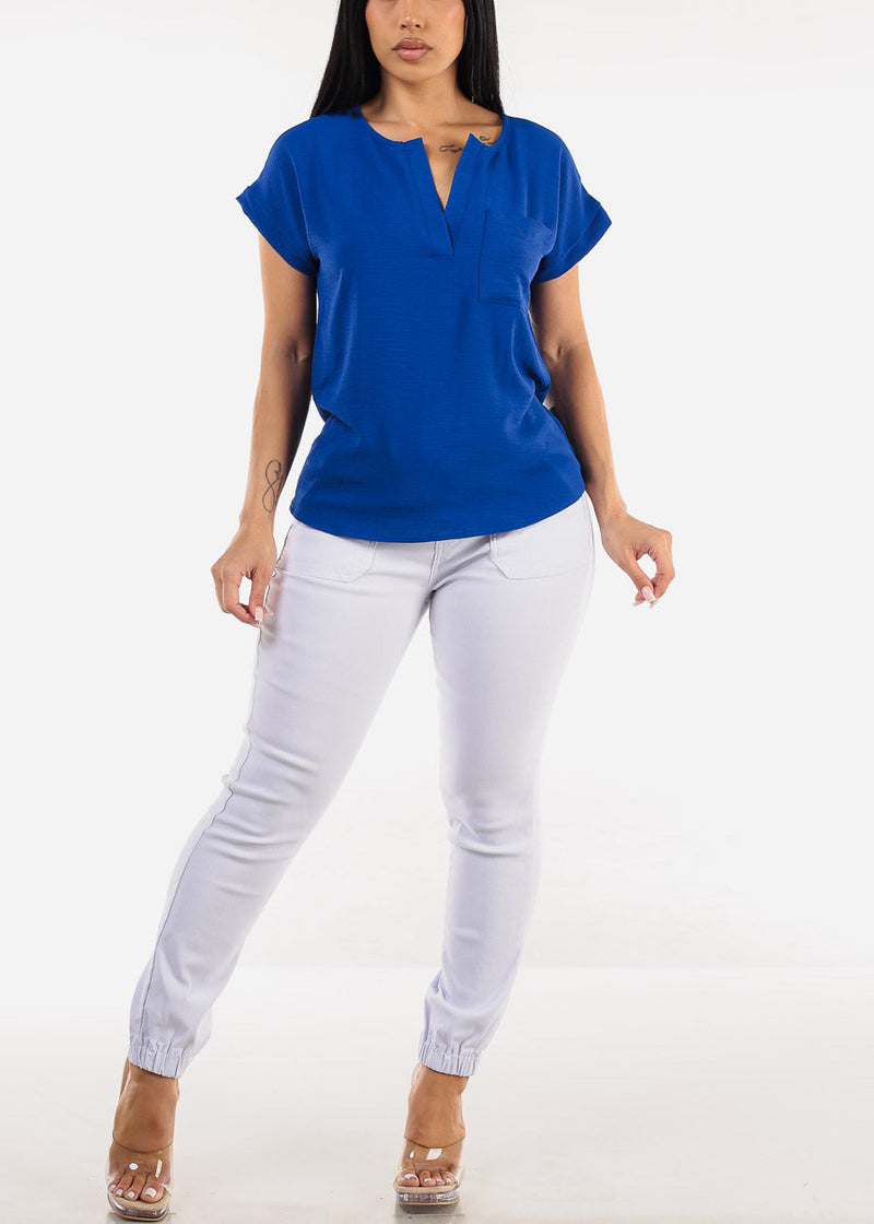 Casual Short Sleeve Vneck Blouse Royal Blue