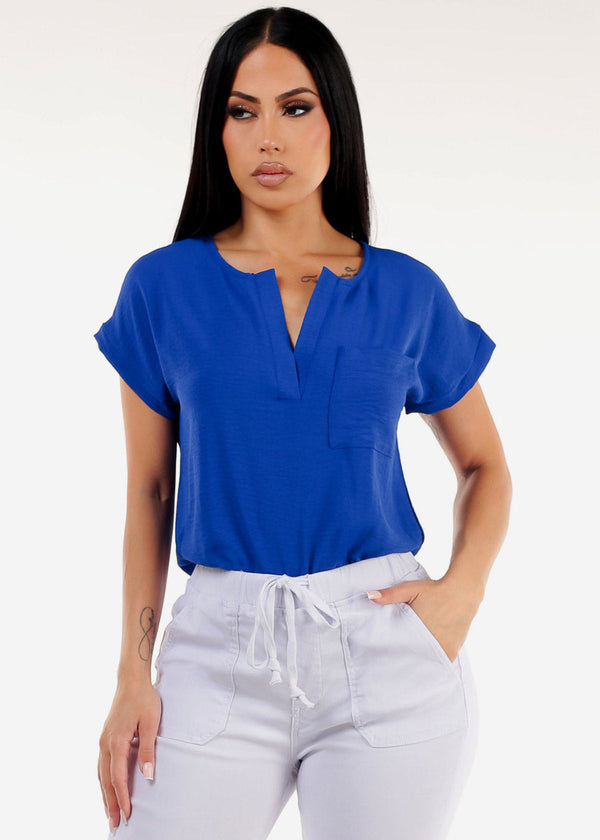 Casual Short Sleeve Vneck Blouse Royal Blue